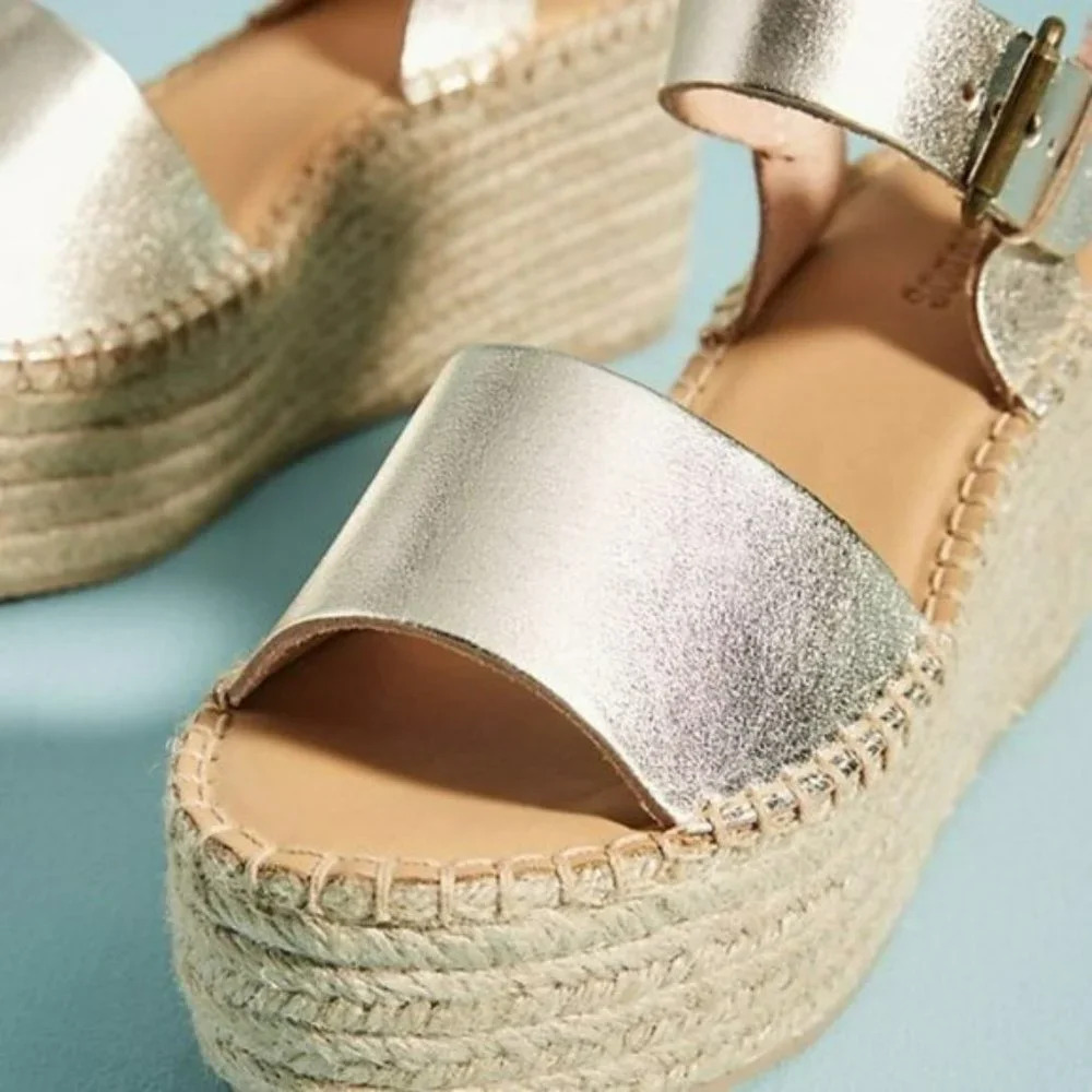 Anthro Soludos Platform Gold Leather Espadrille 10 - Picture 3 of 13